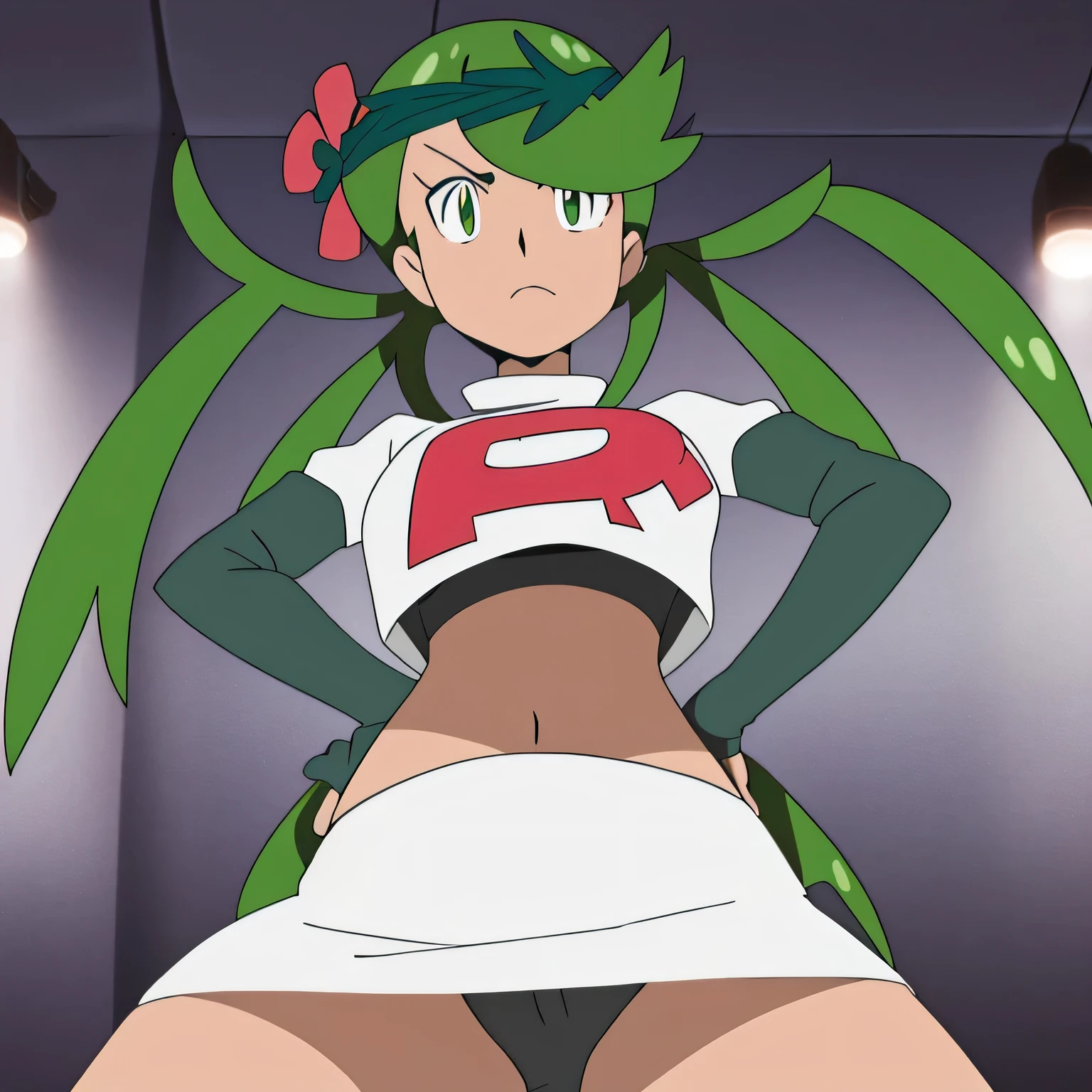 ((team rocket uniform,red letter r,white skirt,white crop top,black thigh-high boots,black elbow gloves,glaring angrily,looking at viewer,hands on hips,from below)),(best quality,4k,8k,highres,masterpiece:1.2),ultra-detailed,(realistic,photorealistic,photo-realistic:1.37),((HDR,UHD,studio lighting,extreme detail description,professional,portraits,red color scheme,dramatic lighting)),{{sexy squat on toilet, spread legs,black panties,defMallow, dark skin, hair flower, hair ornament,twintails, green hair,UHD}}