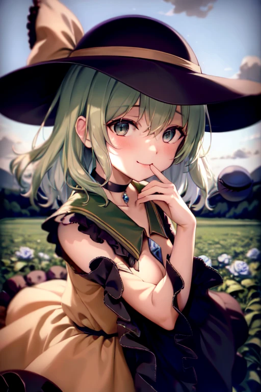 masterpiece, best quality, 1girl, solo, green eyes, komeiji koishi, hat, green hair, Nail Art, flower, blue flower, blue rose, rose, detached sleeves, short hair, bare shoulders, third eye, breasts, bow, smile, petals, dress, from side, medium breasts, looking at viewer, outdoors, black headwear, long sleeves, frills, cloud, wide sleeves, hat bow, closed mouth, choker, alternate costume, sky, black dress, white bow, blush, bangs, hair between eyes, flower field, frilled sleeves, hand up, field, strapless, eyeball, white skirt, cloudy sky, hat ribbon, ribbon, strapless dress, detached collar, finger to cheek, adapted costume, standing, cowboy shot, upper body
