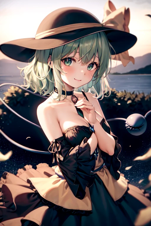 masterpiece, best quality, 1girl, solo, green eyes, komeiji koishi, hat, green hair, Nail Art, flower, blue flower, blue rose, rose, detached sleeves, short hair, bare shoulders, third eye, breasts, bow, smile, petals, dress, from side, medium breasts, looking at viewer, outdoors, black headwear, long sleeves, frills, cloud, wide sleeves, hat bow, closed mouth, choker, alternate costume, sky, black dress, white bow, blush, bangs, hair between eyes, flower field, frilled sleeves, hand up, field, strapless, eyeball, white skirt, cloudy sky, hat ribbon, ribbon, strapless dress, detached collar, finger to cheek, adapted costume, standing, cowboy shot, upper body