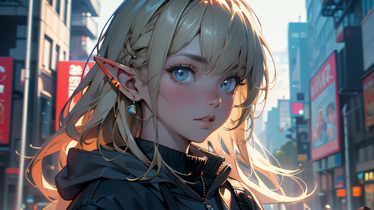 (highest quality, 8k, 32k, masterpiece, Ultra-high resolution):1.2, Blurred Background, Great photo with beautiful saturation, Ultra-high resolution,(Realistic:1.4)),Deep Shadow,(highest quality), ultra Realistic,32k,Highly detailed CG Unity 8k wallpaper, highest quality, (Detailed face, Perfect Face, Perfect Eyes, Realistic eyes),1 girl，Trendy clothes，clock，sneakers，Squat down，Hands hang down naturally，Hooded jacket，Street side，(Elf),(Blonde)