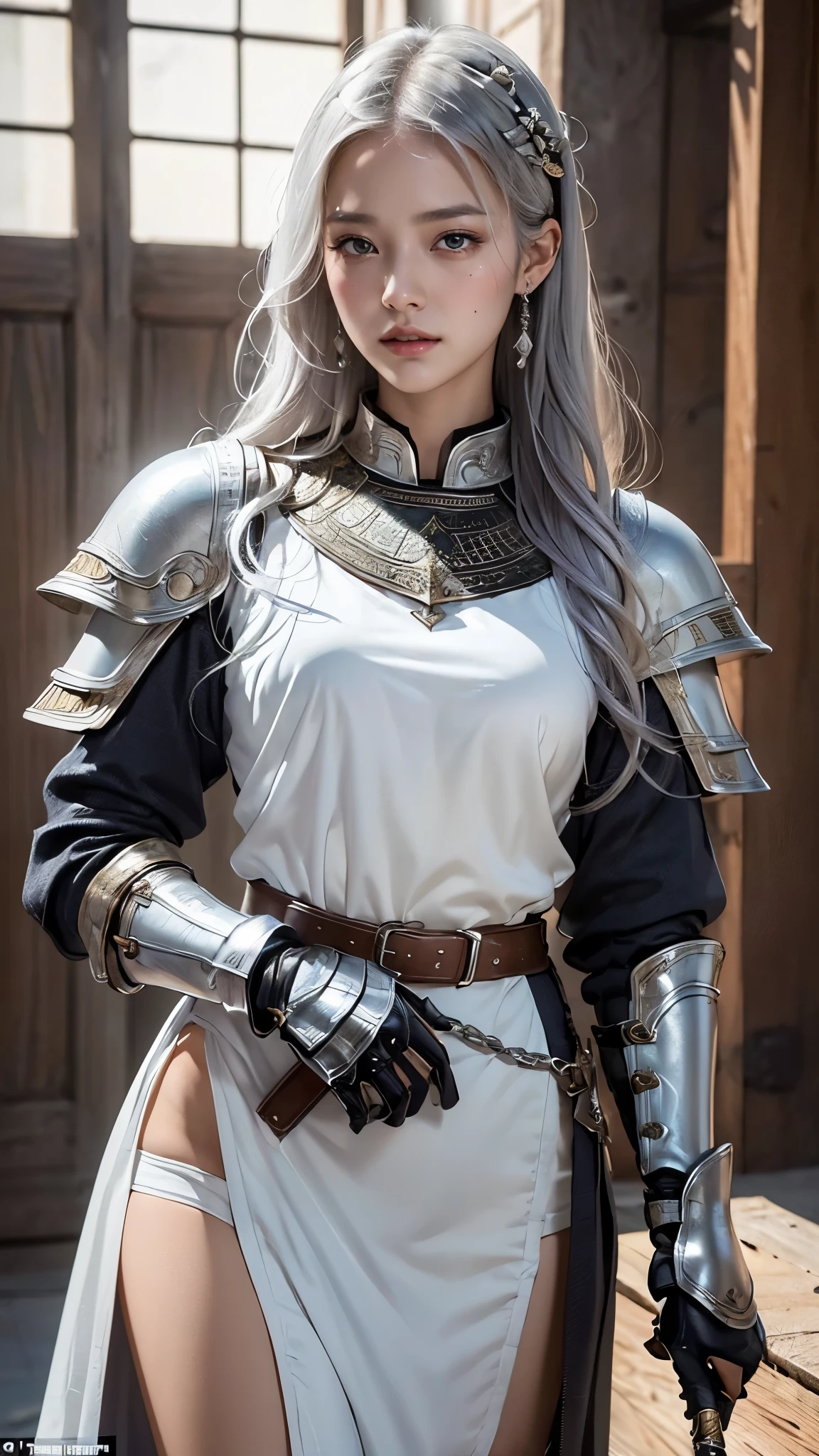 Realistic, masterpiece, highest quality, Highest Resolution, (1girl:1.3), (Japanese face:1.3), 20-year-old, A brave expression before a fight, Slightly to the side, Definitely watching the audience, Beautiful fine details, Iris, (hidden creased eyelids:1.2), Thin eyebrows, Eyelash extensions, Natural Makeup, Wavy mid-length hair, Silver Hair, Detailed face, Silver Western Armor, Decorative gauntlets and solelets, Magic Swordsman, Photographed from the thigh up