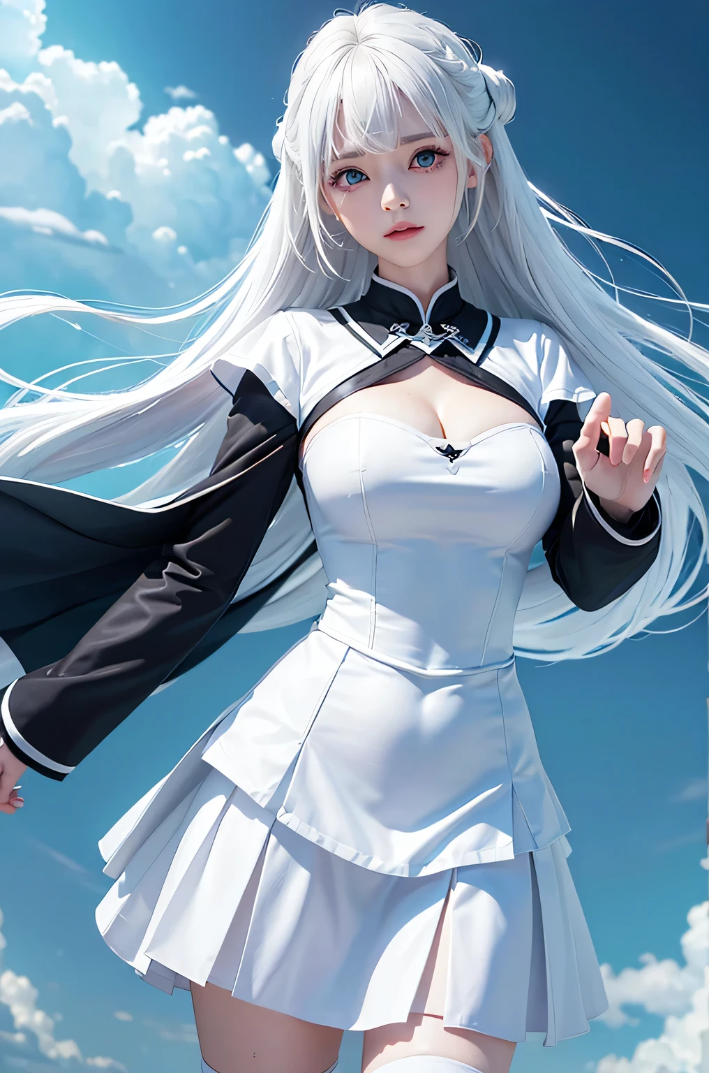 (masterpiece, best quality, dutch angle)(1girl, solo)(medium breasts, white hair, aqua eyes)(OL uniform、White shirt、Black tight skirt)(In the storm、Tears、Sad face, floating hair)(Background Art:Stormy Town)