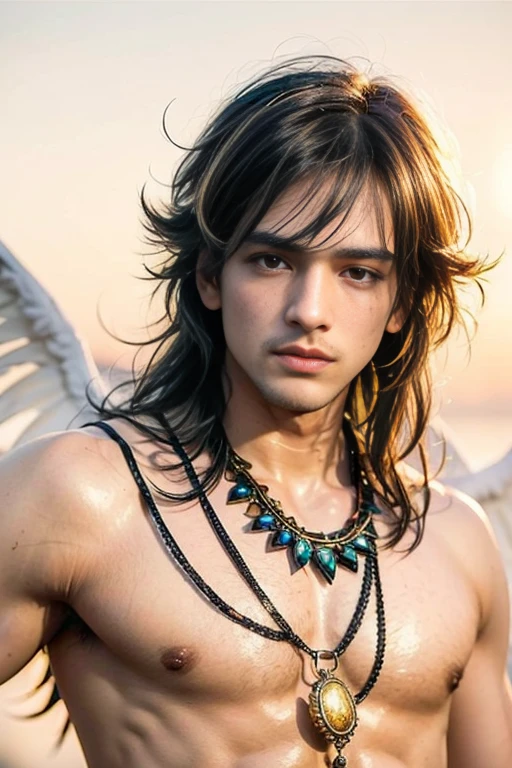 hyper realistic oil painting of a male, age 18, handsome indonesian men, face [will smith: zayn malik: 0.5], wear rope harness, two large wings, [by Alphonse Mucha: john william waterhouse: Charles Dana Gibson: charlie bowater: 0.6], natural red lips, small moustache, fierce look, fit body, bare chest, detailed face, detailed physique, abdominal muscles, well built bodybuilder, macho, oily body, detailed feathers, wear gold head band, gold shoulder band, gold necklace, gold crown, wear g-string, hair bund, long-haired, Real texture, sarong batik, sharp focus, highly detailed, artstation, cgsociety, bokeh background in the pond garden full of rose flower, decorative art deco, symmetrical, acurate, 16, rococo style, character design, cinematic lighting, drop shadow, blending, backlighting, glowing light, sparkle, depth of field, reflection light, high detail, best quality, masterpiece, super detail, high details, uhd, highres, textured skin, anatomically correct, award winning,