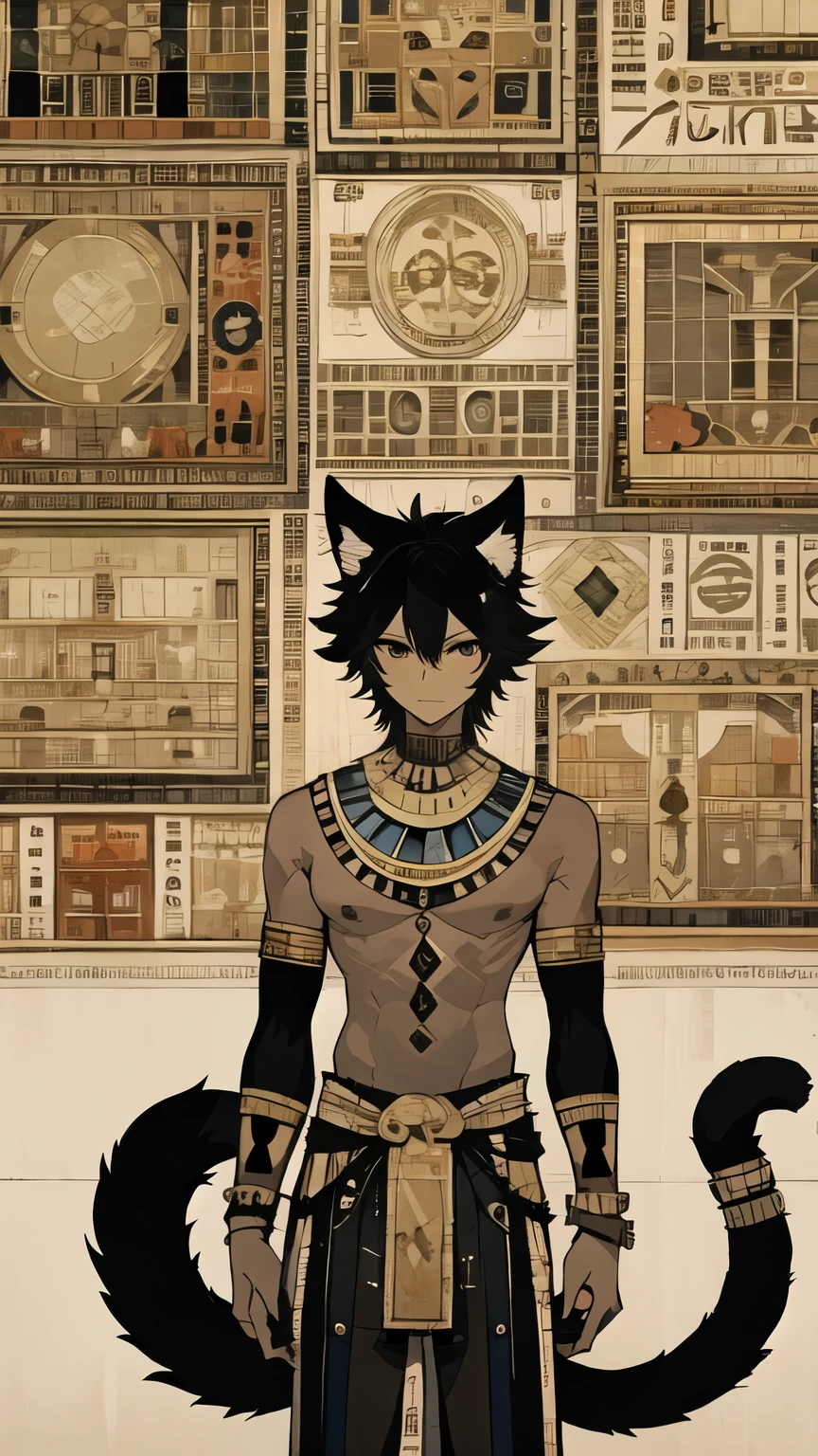 (masterpiece, best quality:1.2), 1 boy, Solitary，mural，Egyptian style，Retro colors，Cool gray tones，Full size photo，Animal characteristics，Cat ear，Tail，Dark art style