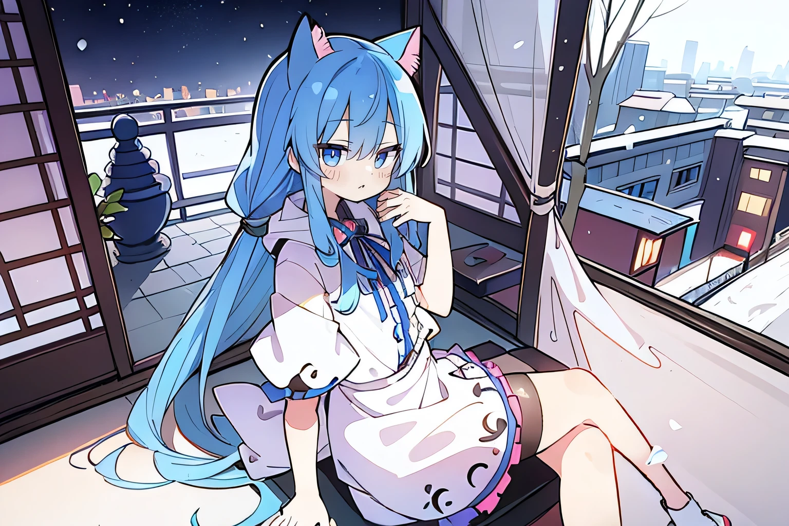 (masterpiece:1.2),Super detailed,lifelike,Expressive eyes,fair skin,perfect face shape,1 girl,
Japanese comics,Gorgeous blue hair,flowing blue hair,flowing clothes,Cat ears,Petals fall,beautiful lola,Baby Angel,
Cross your legs,Gentle and peaceful background,The pavilion is cool and comfortable,smile, wearing hoodie, background of tokyo,back views,snowing, winter.