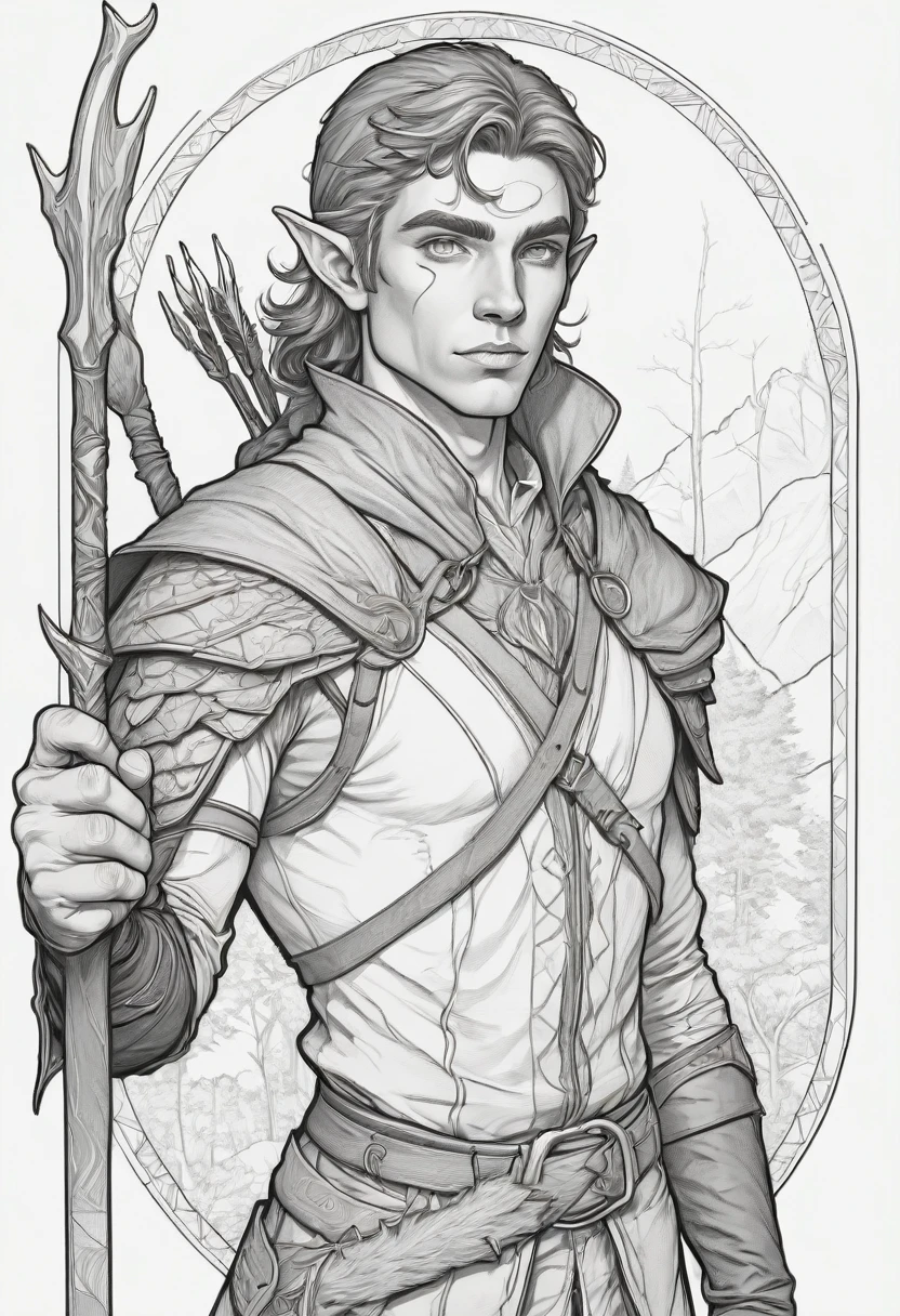 clean line art of a male half elf half human Hunter Ranger, poster, for coloring book