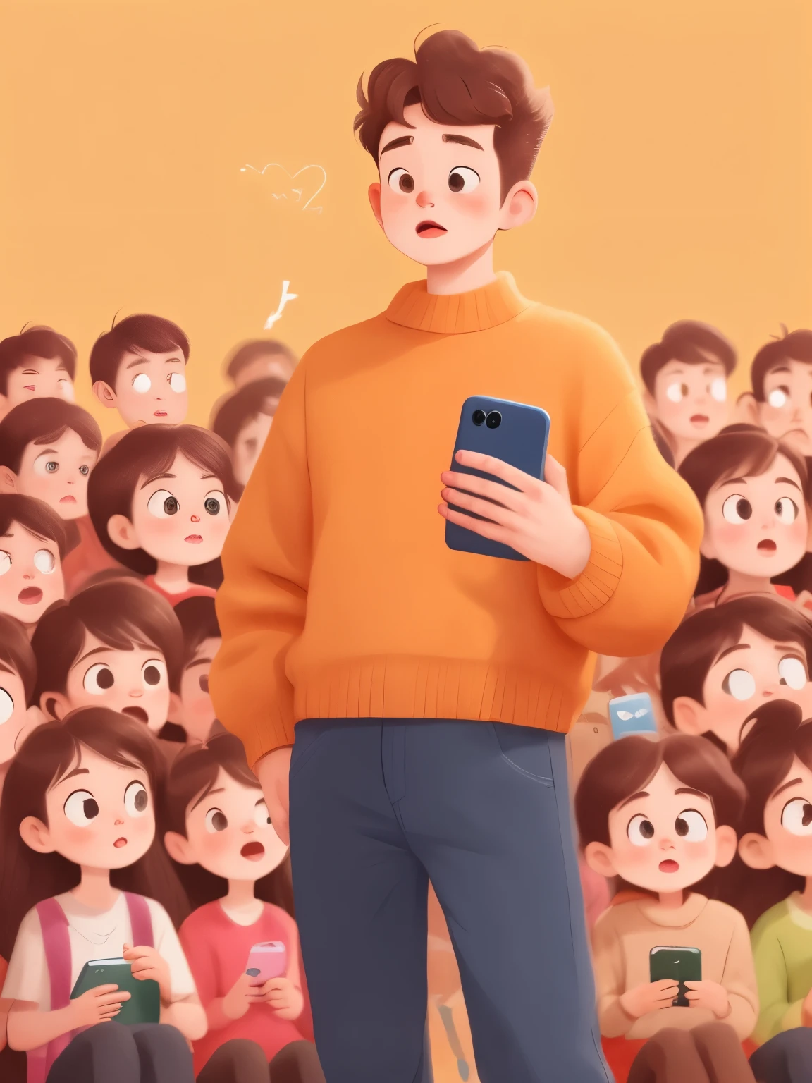 A man、In the crowd,cartoon of man with speech bubble, Holding mobile phone,Send a message,Looking down at the phone,