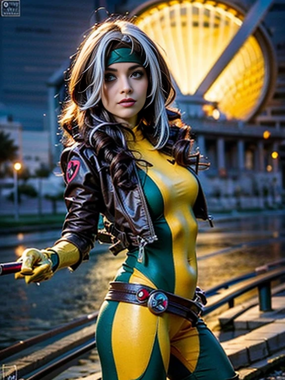 rogue, x-man, bellissima ragazza 25 anni, fisico muscoloso atletico, capelli voluminosi, sdraiata su lato destro, inquadrata da dietro, vita stretta, fianchi rotondi, culo sodo,high quality 4k image, occhi perfetti, mani perfette, attenzione ai dettagli, palette colori ricca, realistico, ambiente apocalittico, post guerra, scena cupa, luci cinematografiche, suspance, fotografia prfessionale, 