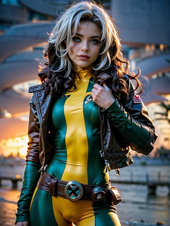 rogue, x-man, bellissima ragazza 25 anni, fisico muscoloso atletico, capelli voluminosi, sdraiata su lato destro, inquadrata da dietro, vita stretta, fianchi rotondi, culo sodo,high quality 4k image, occhi perfetti, mani perfette, attenzione ai dettagli, palette colori ricca, realistico, ambiente apocalittico, post guerra, scena cupa, luci cinematografiche, suspance, fotografia prfessionale, 