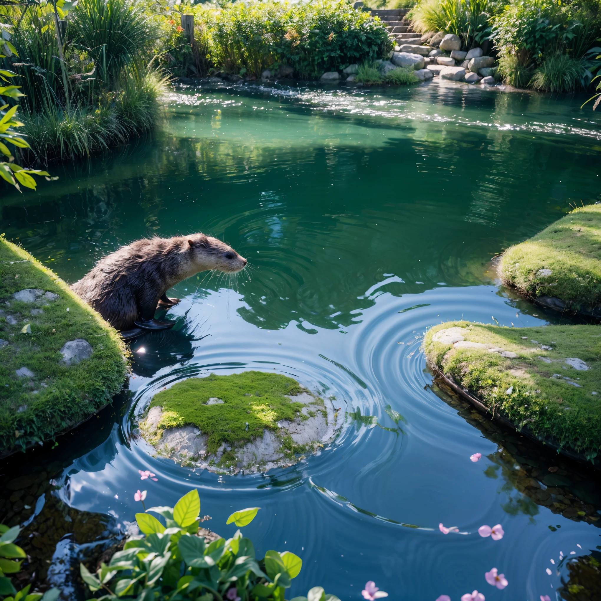 (best quality,4k,8k,highres,masterpiece:1.2),ultra-detailed,(realistic,photorealistic,photo-realistic:1.37),((An Otter)),landscape,portrait,(bright,bold,vibrant:1.1) colors,shimmering water,playful otter,curious expression,smooth fur,sparkling eyes,peaceful background,gentle sunlight,lush greenery,splashing droplets,smooth rocks,calm atmosphere,organic textures,serene river,reflection,(captivating,mesmerizing:1.1) scene,harmonious composition,hint of mist,majestic mountains,splendid tranquility,harmony with nature,movement in water,delicate plants,sunlit meadow,subtle ripples,serene beauty,harmony of colors,whimsical spirit,serendipitous encounter,graceful swim,joyful play,irresistible charm,texture of plants,gentle breeze,ripple effect on water,limpid atmosphere,sparkling highlights,inviting serenity,blissful harmony