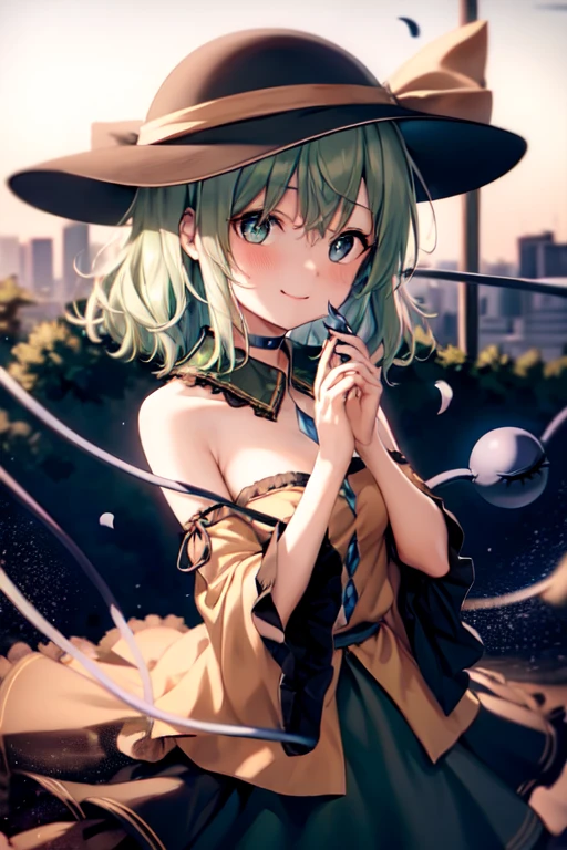 masterpiece, best quality, 1girl, solo, green eyes, komeiji koishi, hat, green hair, Nail Art, flower, blue flower, blue rose, rose, detached sleeves, short hair, bare shoulders, third eye, breasts, bow, smile, petals, dress, from side, medium breasts, looking at viewer, outdoors, black headwear, long sleeves, frills, cloud, wide sleeves, hat bow, closed mouth, choker, alternate costume, sky, black dress, white bow, blush, bangs, hair between eyes, flower field, frilled sleeves, hand up, field, strapless, eyeball, white skirt, cloudy sky, hat ribbon, ribbon, strapless dress, detached collar, adapted costume, standing, cowboy shot, upper body