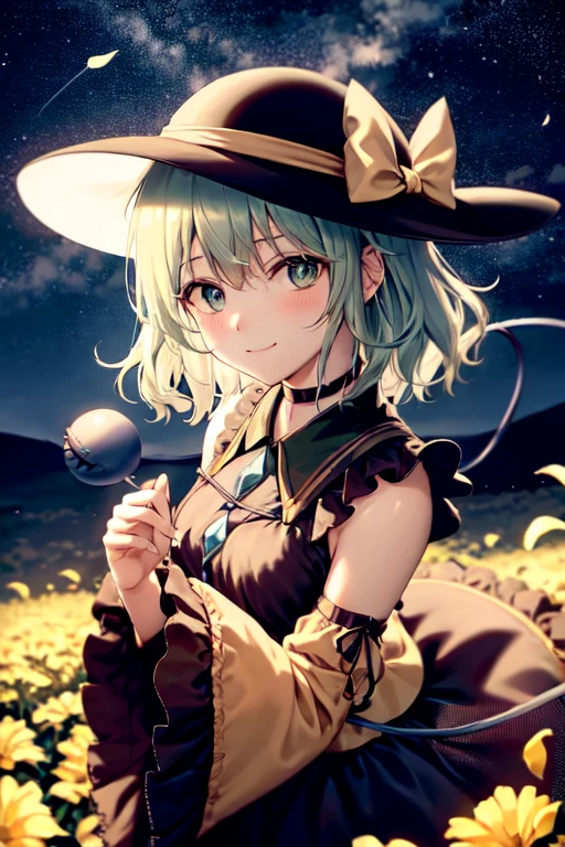 masterpiece, best quality, 1girl, solo, green eyes, komeiji koishi, hat, green hair, Nail Art, flower, blue flower, blue rose, rose, detached sleeves, short hair,  shoulders, third eye, , bow, smile, petals, dress, from side, , looking at viewer, outdoors, black headwear, long sleeves, frills, cloud, wide sleeves, hat bow, closed mouth, choker, alternate costume, sky, black dress, white bow, blush, bangs, hair between eyes, flower field, frilled sleeves, hand up, field, strapless, eyeball, white skirt, cloudy sky, hat ribbon, ribbon, strapless dress, detached collar, adapted costume, standing, cowboy shot, upper body
