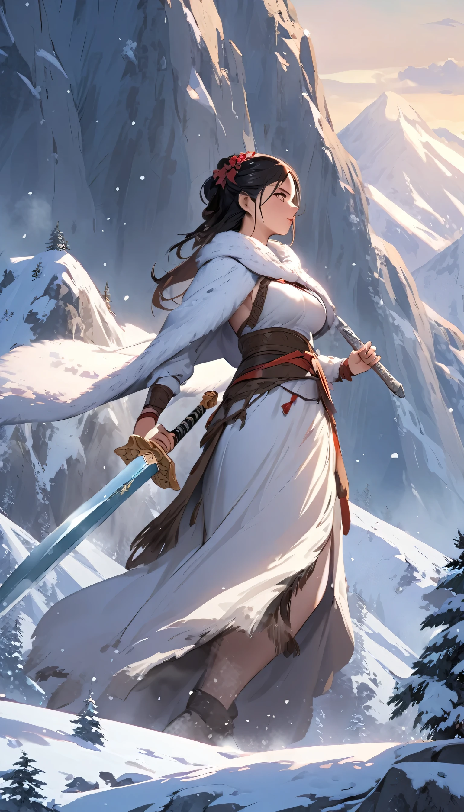 Draw the Sword of Snowy Mountain, Ancient women's cold ice flame sword, A sword blazing with blue flames in hand, Dancing in the snow,White clothes,,Long hair flutters, Beautiful woman holding a silver sword, Wearing jade jewelry, Her face is full of a confident smile, She's floating in the clouds like a fairy, Behind her is a mountain々There are layers of