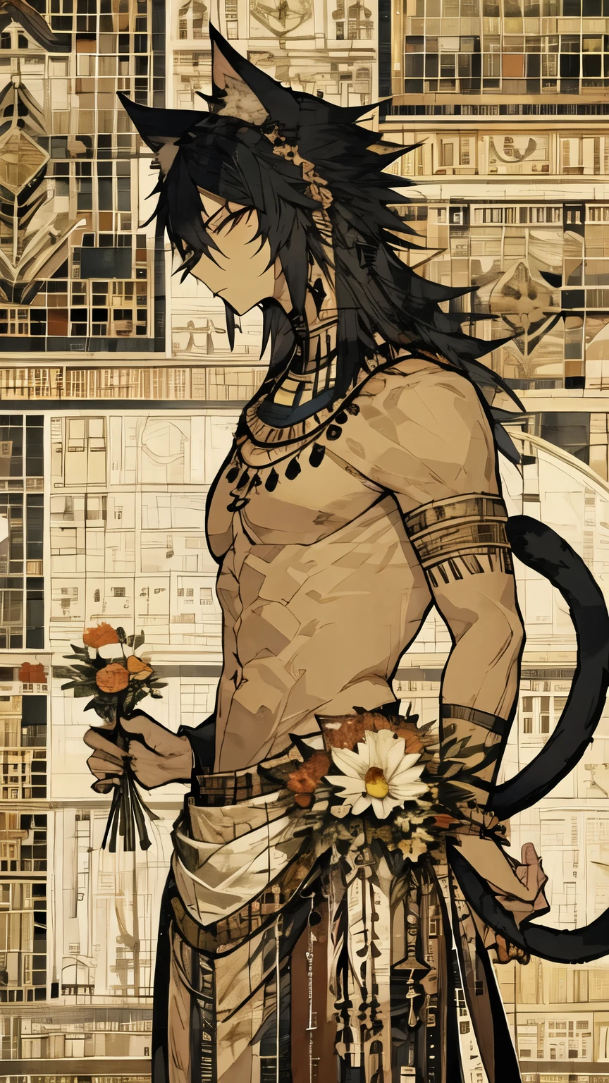 (masterpiece, best quality:1.2), 1 boy, Solitary,mural,Egyptian style,Retro colors,Cool gray tones,Full size photo,Animal characteristics,Cat ear,Tail,Dark art style