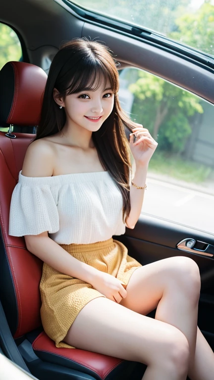 Highest quality、One girl、Cute face、smile、Inside the car、Sitting in the passenger seat、Off the shoulder、mini skirt、Bare legs、Sexy Legs, Best lighting, Bright room, Refreshing atmosphere