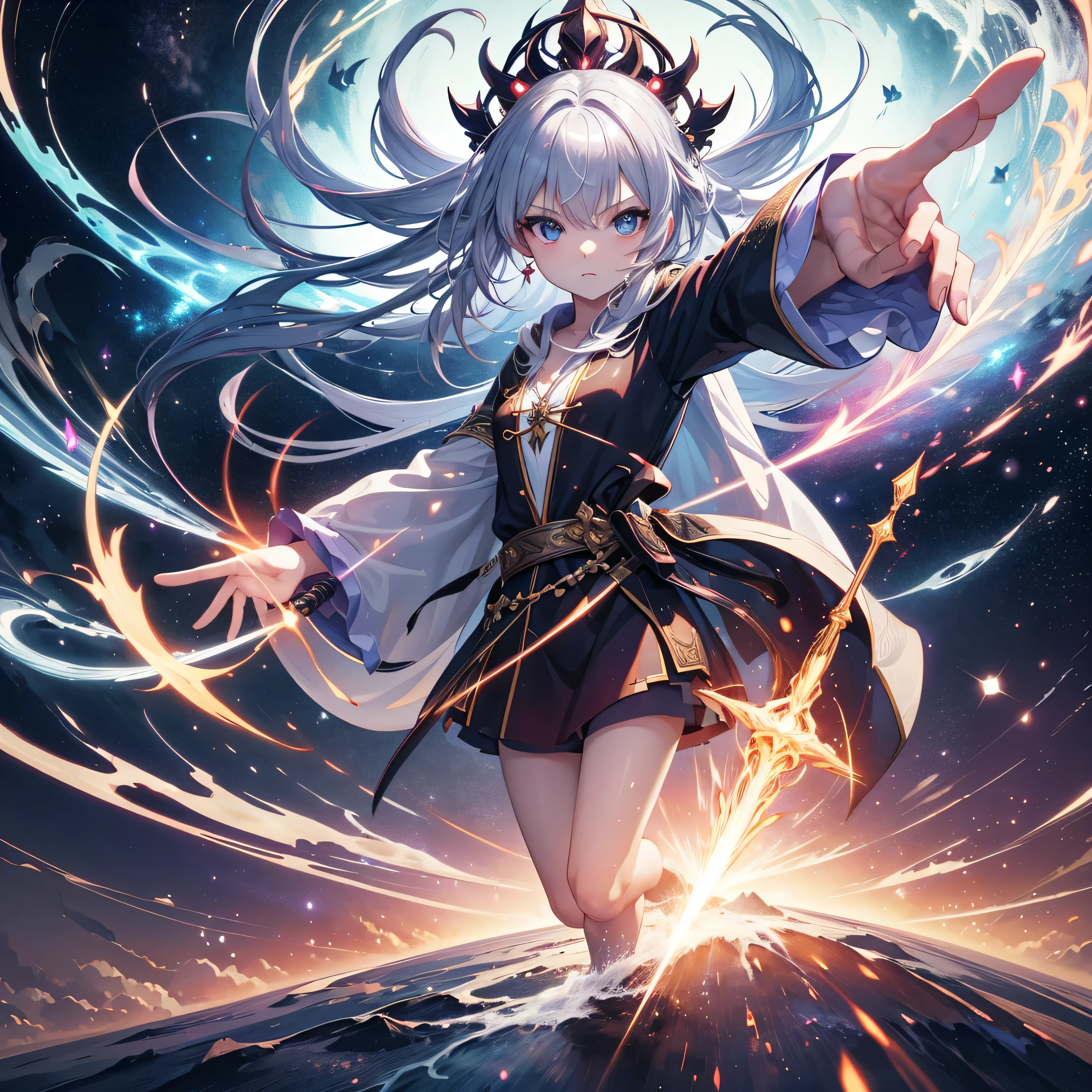 Fantasy and magical world, ((Wizard girl in robe)), Mighty Magic, Flames bursting all around, The determined look of a girl, A dazzling magic circle spreads out at your feet, (Hold the cane with both hands), ((Fisheye Lesbian)), (Spectacular effects), cute, (Silver Hair、Blue Eyes), motion blur, cinematic lighting, sparkle, film grain, afterimage, move chart, panorama, Ultra-Wide Angle, foreshortening, halftone, UHD, high details, best quality, highres, award winning
