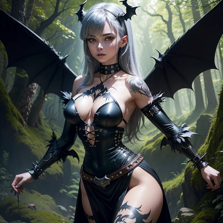 photo of, 20-year-old woman, fantasy costume, demonic essence, in forest, cliffside view, shoulder-attached wings resembling bat wings, black fabric with rings and rivets, tattoos on arms, belt with silver buckle, presence of power and mystique, natural cliff and forest scenery