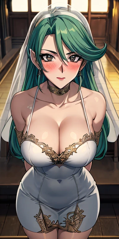 masterpiece, best quality, ultra-detailed, illustration,masterpiece, Best quality, high resolution, high resolution, green hair,Camula, 1girl, solo,clear skin,  annoying,armlets,clear skin, beautiful detailed eyes, looking at viewer in a seductive look, close up, (breast focus), (arms behind back:1.2), (from above:1.1),big sized breasts, attempt to seduce,blush, cleavage ,(wide thighs:1.4), (weeding dress), (white dress),(white veil),(tight dress),((inside church))