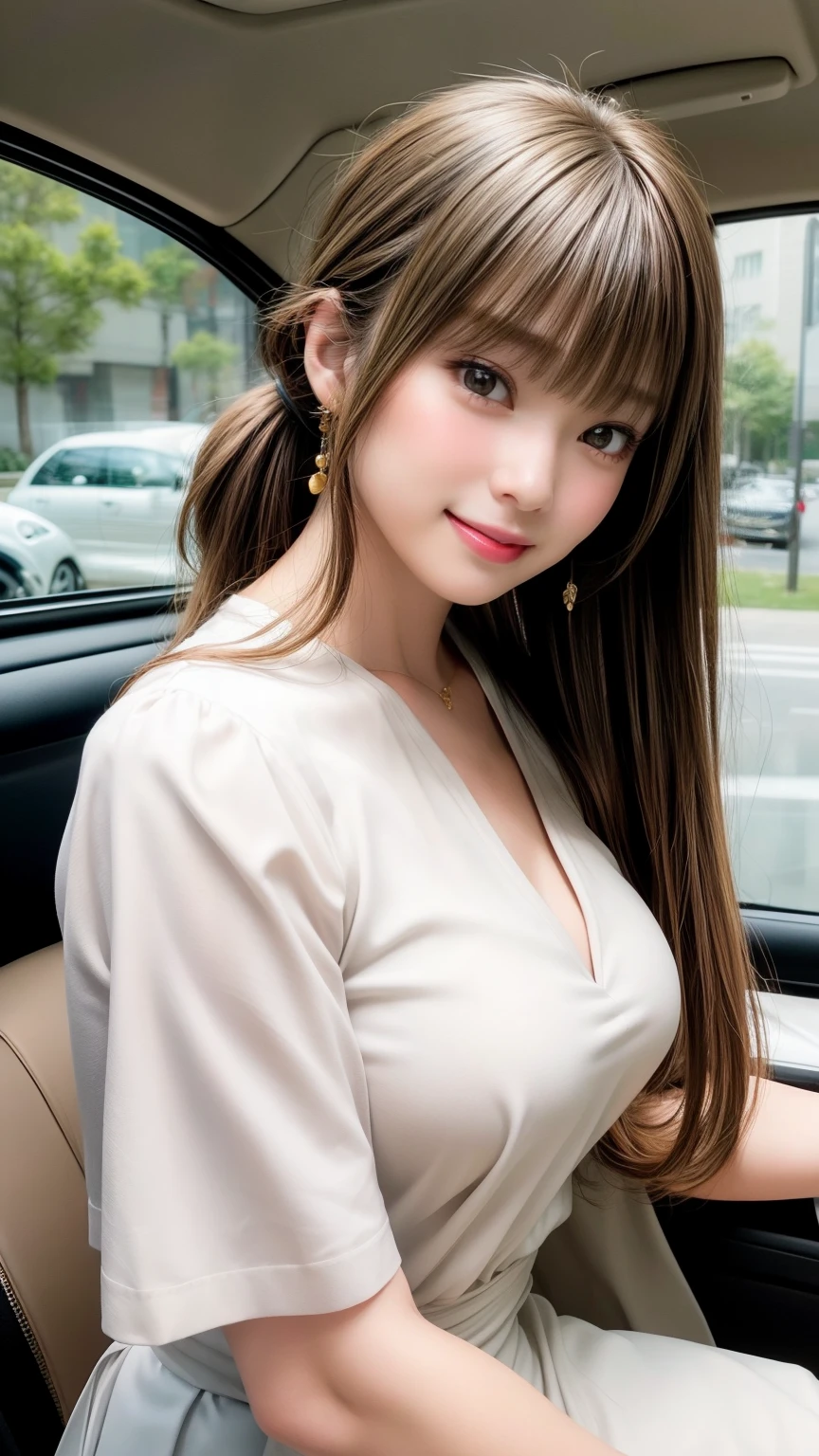Tabletop、Super cute face、Large Breasts、 Large Breastsの谷間、Good style、Natural Lip、Fair skin、Great light、Beautiful lighting、((Straight hair、ponytail))、Brown Hair、Blunt bangs、Tight blouse、mini skirt、Gorgeous Accessories、In the car、smile、かわいいsmile