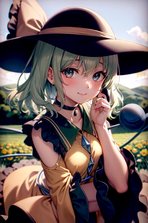 masterpiece, best quality, 1girl, solo, green eyes, komeiji koishi, hat, green hair, Nail Art, flower, blue flower, blue rose, rose, detached sleeves, short hair, bare shoulders, third eye, breasts, bow, smile, petals, dress, from side, medium breasts, looking at viewer, outdoors, black headwear, long sleeves, frills, cloud, wide sleeves, hat bow, closed mouth, choker, alternate costume, sky, black dress, white bow, blush, bangs, hair between eyes, flower field, frilled sleeves, field, strapless, eyeball, white skirt, cloudy sky, hat ribbon, ribbon, strapless dress, detached collar, adapted costume, standing, cowboy shot, upper body