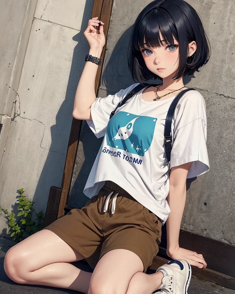 wariza,(child),(masterpiece,Highest Quality),short sleeve t shirt,(White mini skirt with gingham check),A dark-haired,Twin-tailed