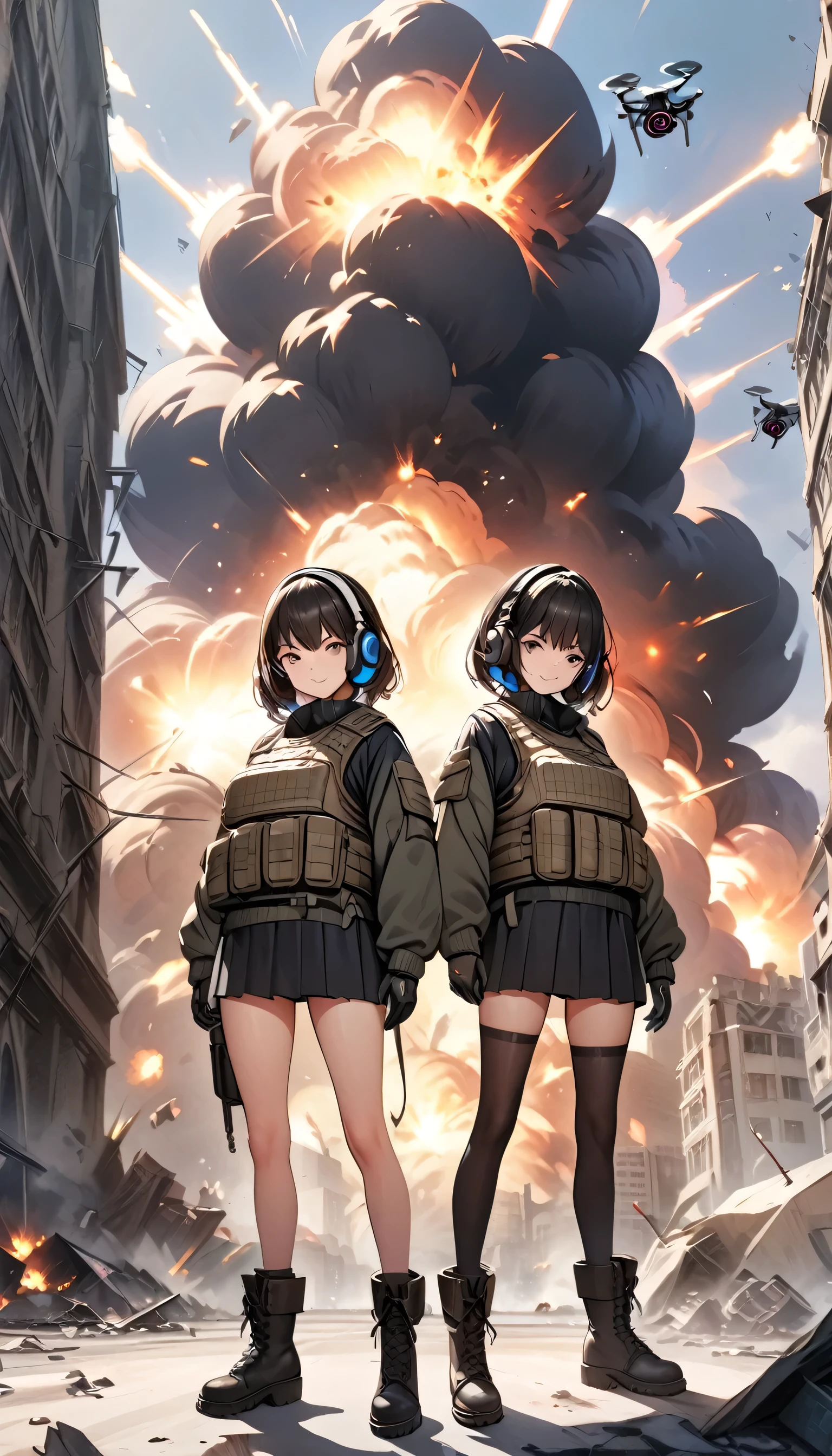 ((high quality)), ((masterpiece)), 8k, Two Girls, Bulletproof vest, light, Highly detailed CG Unity 8k wallpaper, Game CG, View your viewers, gloves, boots, whole body, clock, computer, mask, Drone, Have a weapon, Headphones, Jacket, (Background Destroyed city , explosion , cigarette