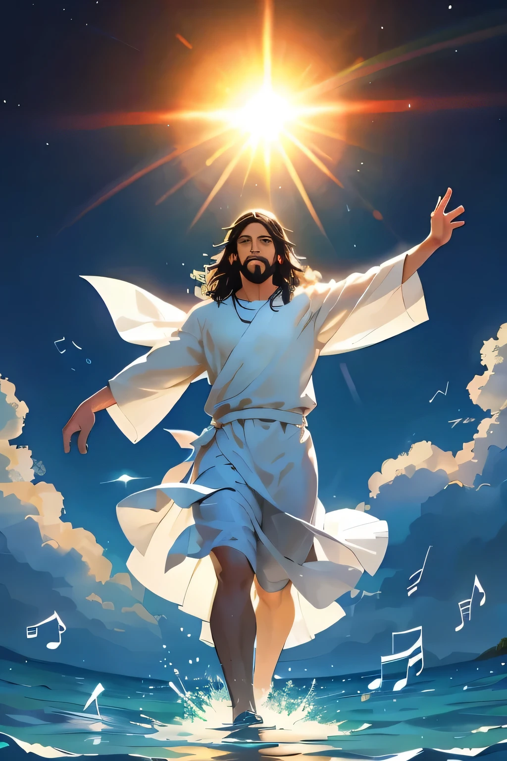 Jesus Christ dancing in the sun while musical notes float around him, visible eyes, visible feet, better hands