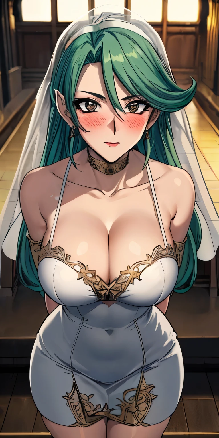 masterpiece, best quality, ultra-detailed, illustration,masterpiece, Best quality, high resolution, high resolution, green hair,Camula, 1girl, solo,clear skin, annoying,armlets,clear skin, beautiful detailed eyes, looking at viewer in a seductive look, close up, (breast focus), (arms behind back:1.2), (from above:1.1),big sized breasts, attempt to seduce,blush, cleavage ,(wide thighs:1.4), (weeding dress), (white dress),(white veil),(tight dress),((inside church))