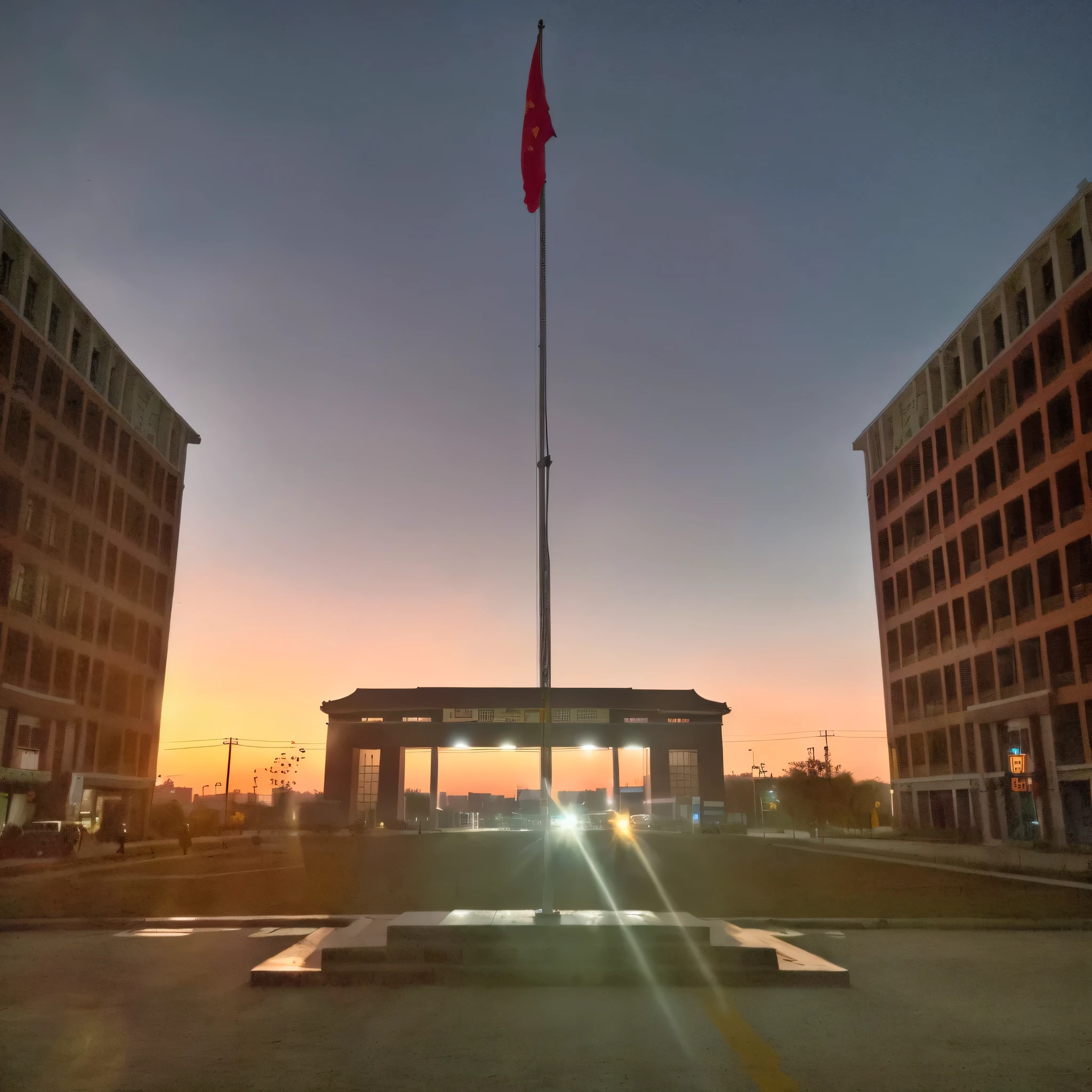 Sunset,The flag is flying high in the sky, golden hour in Beijing, block, in the middle of the city, Shot with Sony a7r camera, Wide Portrait, in a city block, Beijing, Photo showing, Hit 9.8mm wide angle lens, At sunrise, author:Bernardino May