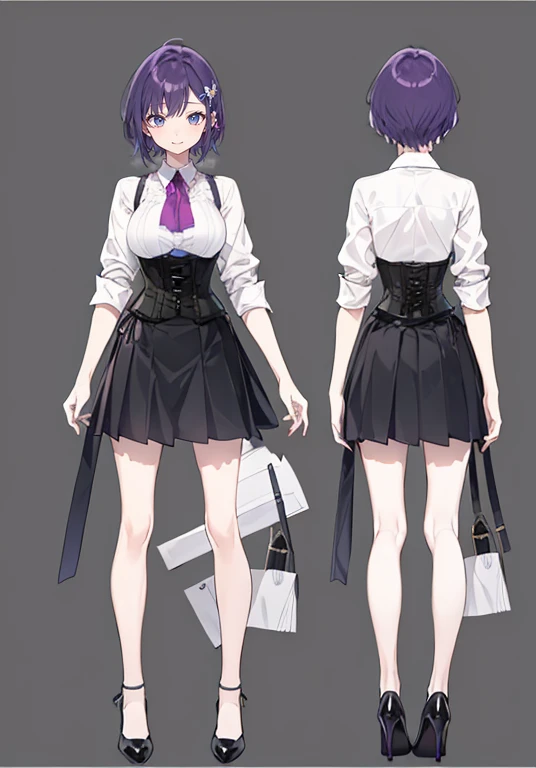 Purple hair,short cut hair,Adult female,(Bartender),((Rolling up your sleeves shirt)),(Corset),(Tight skirt),(high heels),((Simple background)),Smile,((Full body)),((whole body)),Character Sheet,
