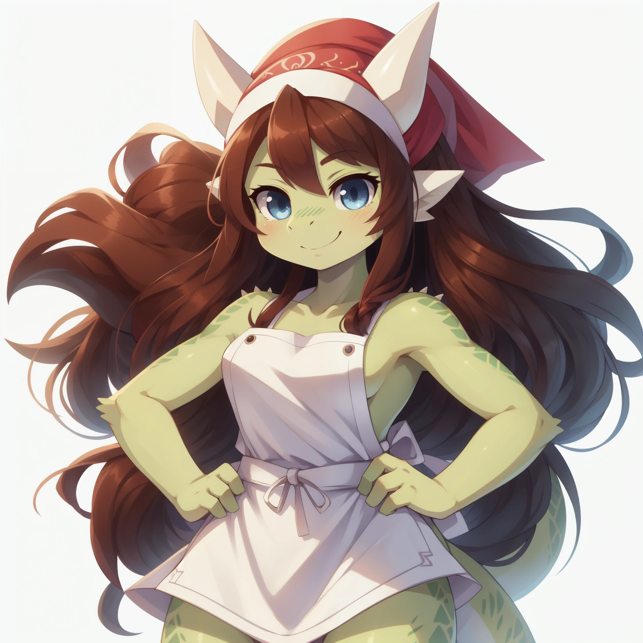 Draconic girl, brown hair, spiky hair, long dreadlocks ponytail, anime style, medium breasts, blue eyes, ((red headscarf on head, white apron)), green draconic wings, high quality, detailed body, detailed eyes, detailed face, masterpiece, glistening body, best quality, skinny, anthro, dragon, lime body, lime scales, tail, white horns, perfect lighting, perfect shadows, perfect eyes, perfect hair, perfect face, gorgeous body, hands on hips, solo, :3, smilling, simple background, white background,