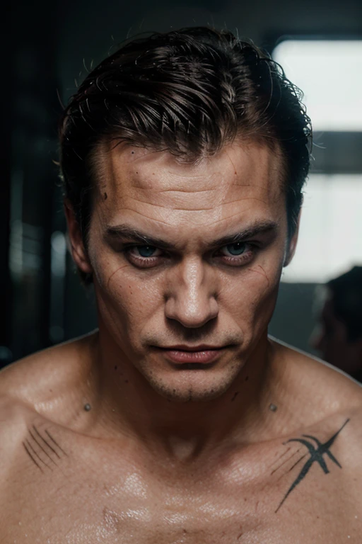 Slim, muscular, white male with joker like scar across only left cheek. Looks like Alain Delon plus Dolph Lundgren. Black, short hair, Male facing away from camera, wearing black shirt, upper body with many old scars, photography, realistic.