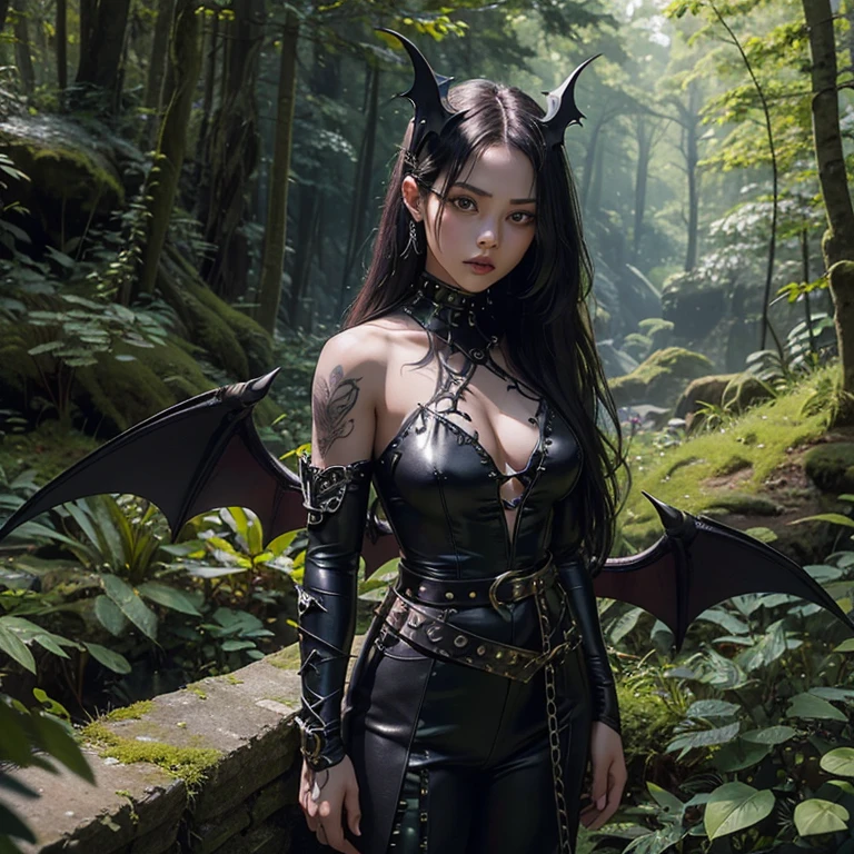 photo of, 20-year-old woman, fantasy costume, demonic essence, in forest, cliffside view, shoulder-attached wings resembling bat wings, black fabric with rings and rivets, tattoos on arms, belt with silver buckle, presence of power and mystique, natural cliff and forest scenery