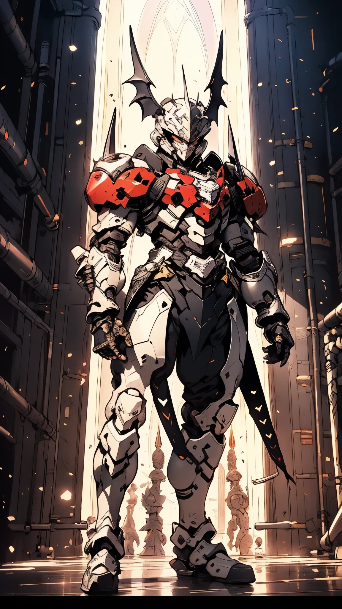 A man wearing a full-face helmet, a fantasy-style biotech armored combat suit, green eyes, (a composite layered chest armor), fully enclosed shoulder guards, matching arm and leg guards, the belt is adorned with fangs biting into orbs, (the color scheme is primarily black with red accents), the design balances heavy with agility, a high-tech bio-mecha armor, (Bat concept Armor, stand on the top of a skyscraper in a futuristic sci-fi city), this character embodies a finely crafted fantasy-surreal style armored hero in anime style, exquisite and mature manga art style, (element, plasma, energy, the armor glows), ((male:1.5)), metallic, real texture material, dramatic, high definition, best quality, highres, ultra-detailed, ultra-fine painting, extremely delicate, professional, perfect body proportions, golden ratio, anatomically correct, symmetrical face, extremely detailed eyes and face, high quality eyes, creativity, RAW photo, UHD, 32k, Natural light, cinematic lighting, masterpiece-anatomy-perfect, masterpiece:1.5