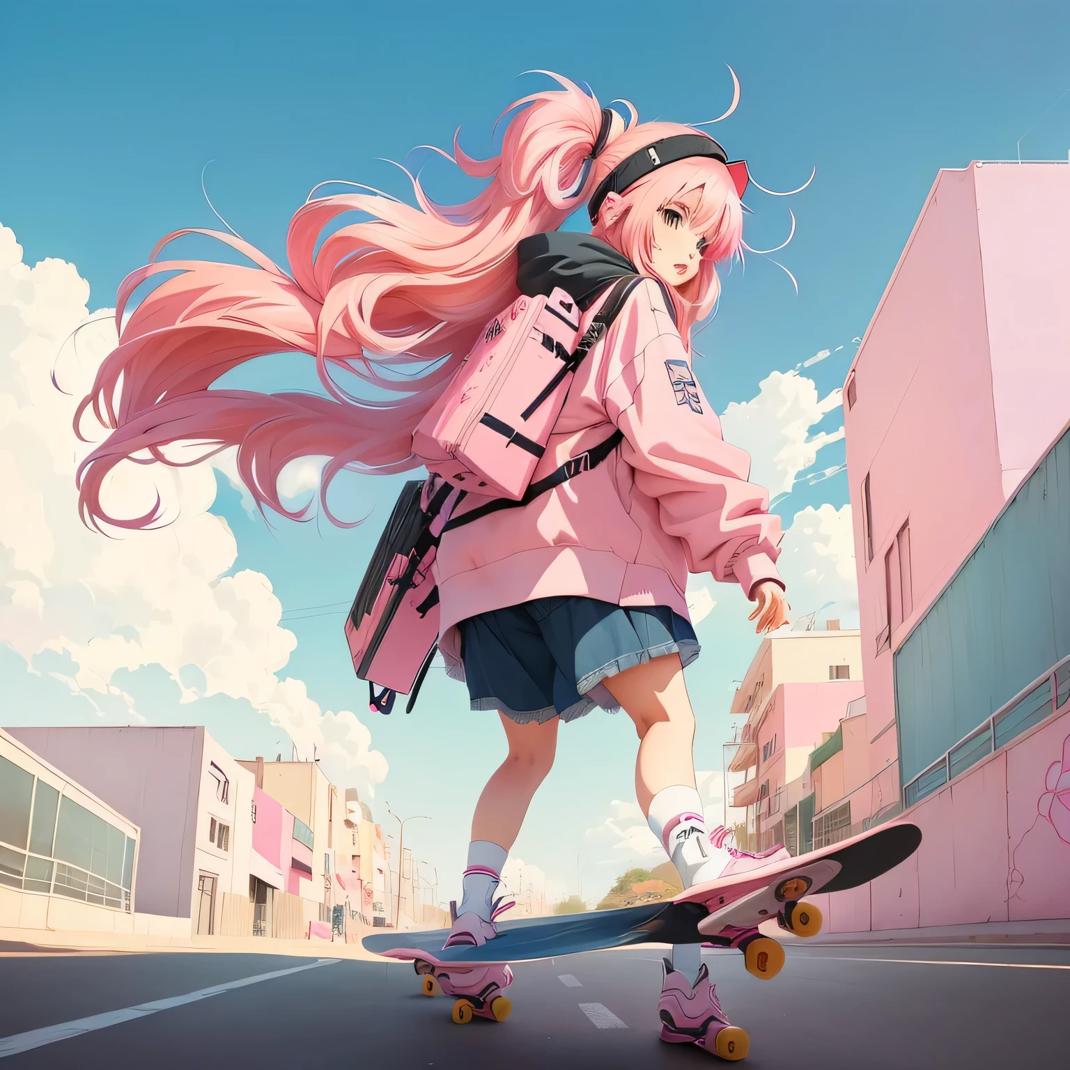 Pink haired anime girl riding a skateboard on the street, Lo-Fi Girl, Lovely art style, Urban girl fan art, Anime visuals of cute girls, Anime style, high quality Anime art style, 80s anime art style, Flat anime style, amy sol's style, Pink Girl, Anime style 4k, Anime art style