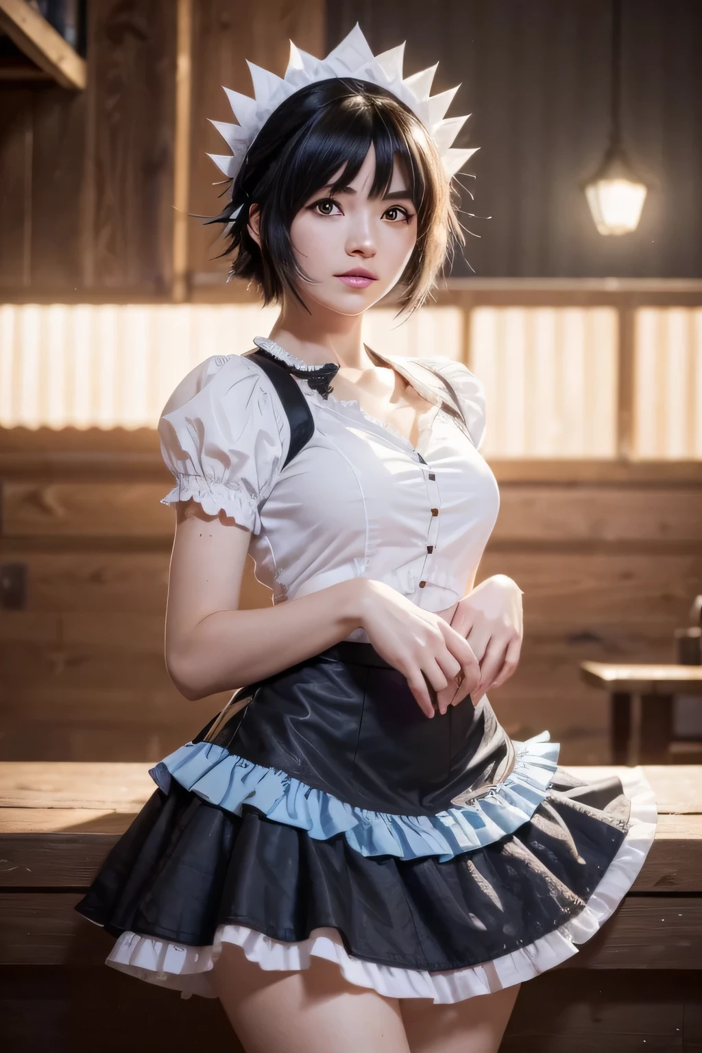 ((16 Nights Sakiya)), ((Touhou Project)), Cosplay, 20-year-old woman, (((black hair)), ((medium spiky hair)), ((blue maid outfit)), ((white blouse)), midchest, (light)))), (pose))), (photorealistic photo: 1.3), rim lighting, (high detail skin:1.2), 8K UHD, dslr, high quality, high resolution, 4K, 8K, Bokeh, Absurdity, Best ratio four fingers and one thumb, (Real:1.3), Cutest 1 Girl, Lots of Knives