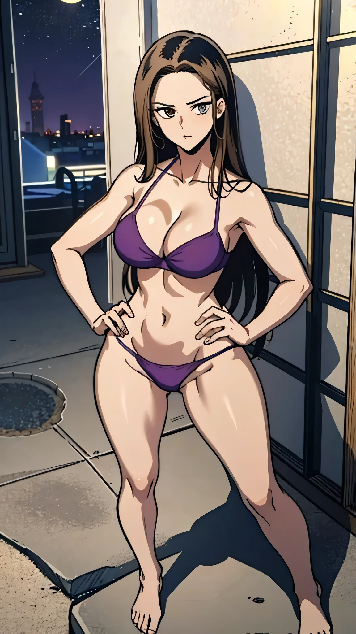 Masterpiece, best quality, Masterpiece, best quality, 1 woman, brown hair , sly face , purple bikini , big breasts , abdomen , Long legs , Put your hands on your hips. , Barefoot , Full body , abandoned factory , nighttime