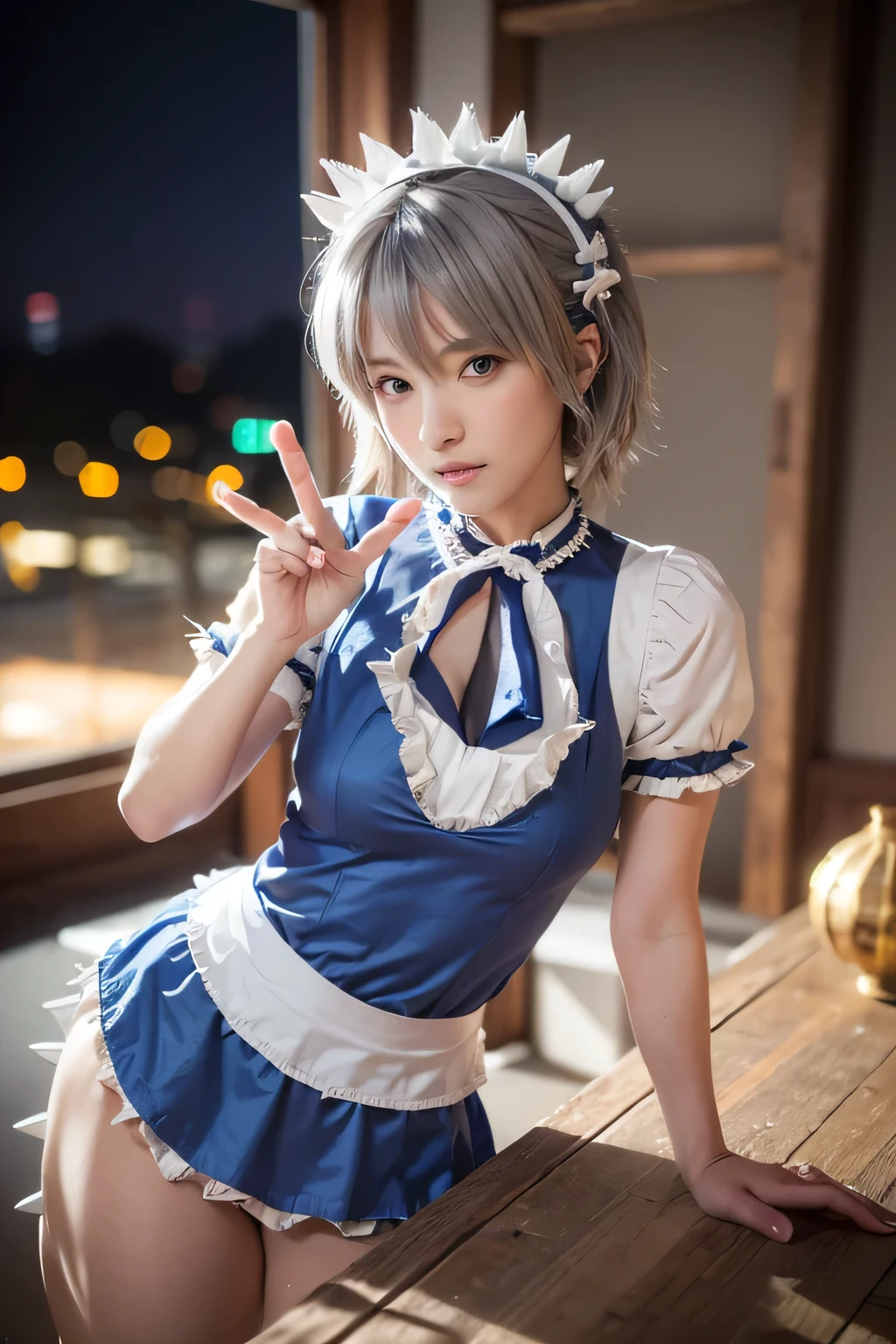 ((16 Nights Sakiya)), ((Touhou Project)), Cosplay, 20-year-old woman, (((gray hair)), ((medium spiky hair)), ((blue maid outfit)), ((white blouse)), midchest, (light)))), (pose))), (photorealistic photo: 1.3), rim lighting, (high detail skin:1.2), 8K UHD, dslr, high quality, high resolution, 4K, 8K, Bokeh, Absurdity, Best ratio four fingers and one thumb, (Real:1.3), Cutest 1 Girl, Lots of Knives
