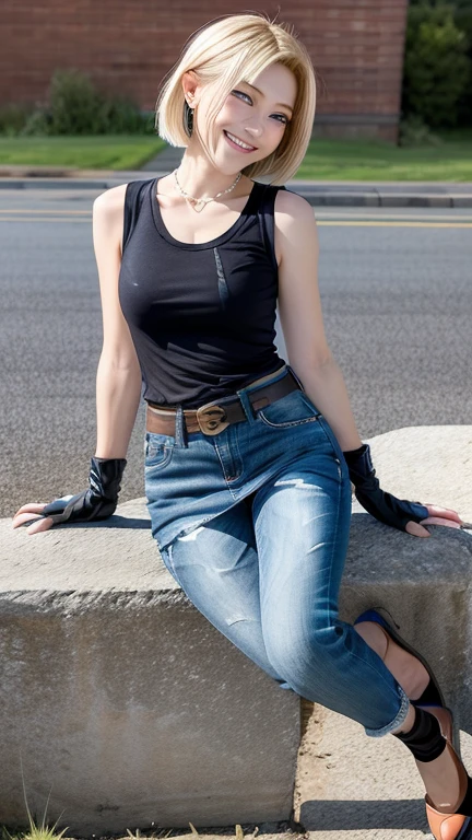 highest quality, High resolution, AND18, One Girl, Android 18, alone, blonde, blue eyes, belt, Blue Jeans, Pearl_necklace, bracelet, Black gloves, ((A tight fitting white tank top)), short hair, Short sleeve, Earrings,Jeans Mini Skirt, Open Vest, Black vest, Large Breasts, Cowboy Shot, street, (From the side),( Grassland scenery),(Live-action adaptation),(Reality Photography),,Realistically,(Realistic),Grin,(Full Body Shot),(From the whole body to the toes:1.3),