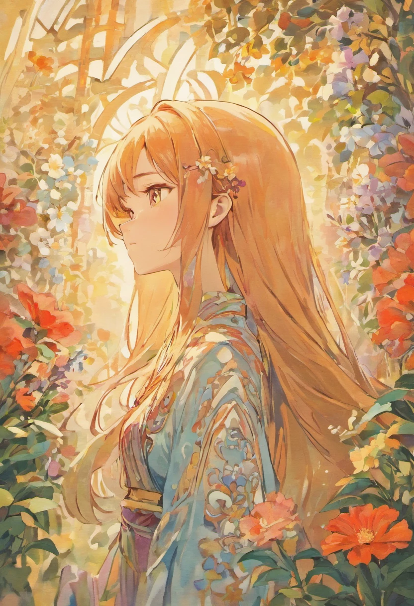 Art Nouveau girl in profile surrounded by flowers and long hair, As well as her Asian slanted eyes and long eyelashes.、smile