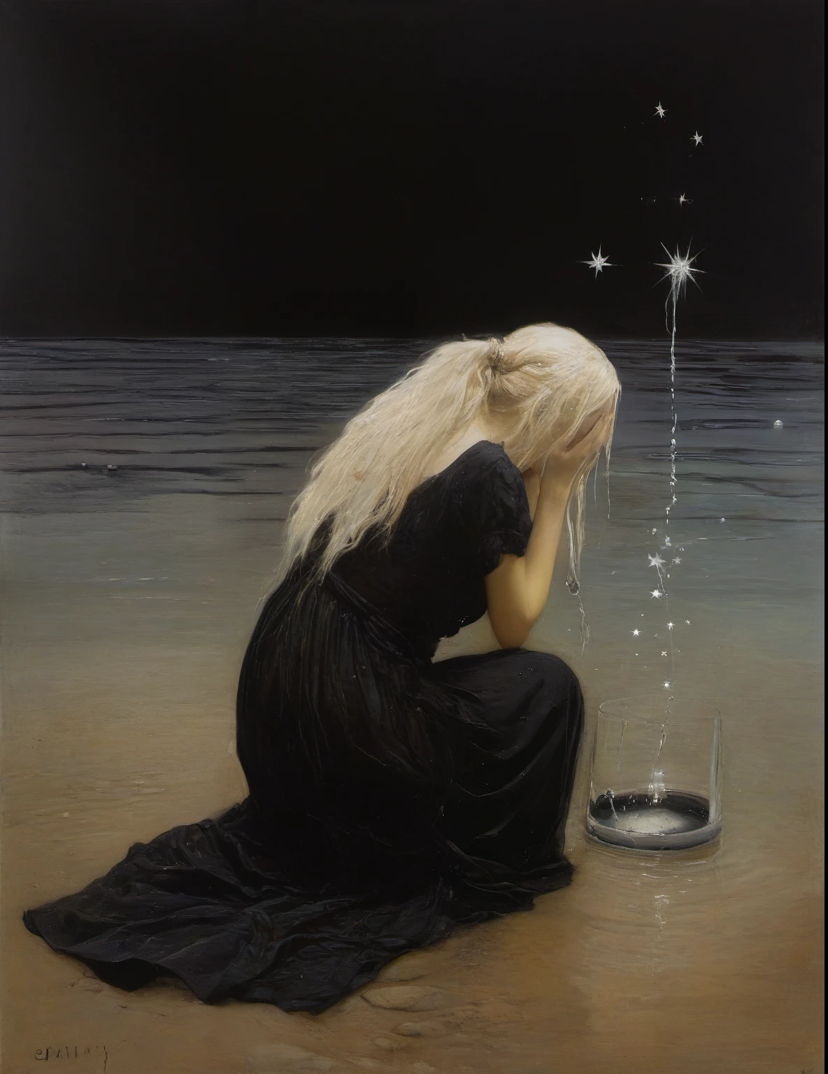 James Gurney, Surrealist art , dream-like, Mysterious, Provocative, symbolic, Complex, detailed,, (Gothic but very beautiful:1.4), (masterpiece, highest quality:1.4) , Nicola Samori Style, Woman kneeling by the water; Dip one foot in water、One foot on land. Water flows into the river from a water bottle held by a woman、There is a big star above her head, Show her true nature, And seven little stars, Represents the chakras