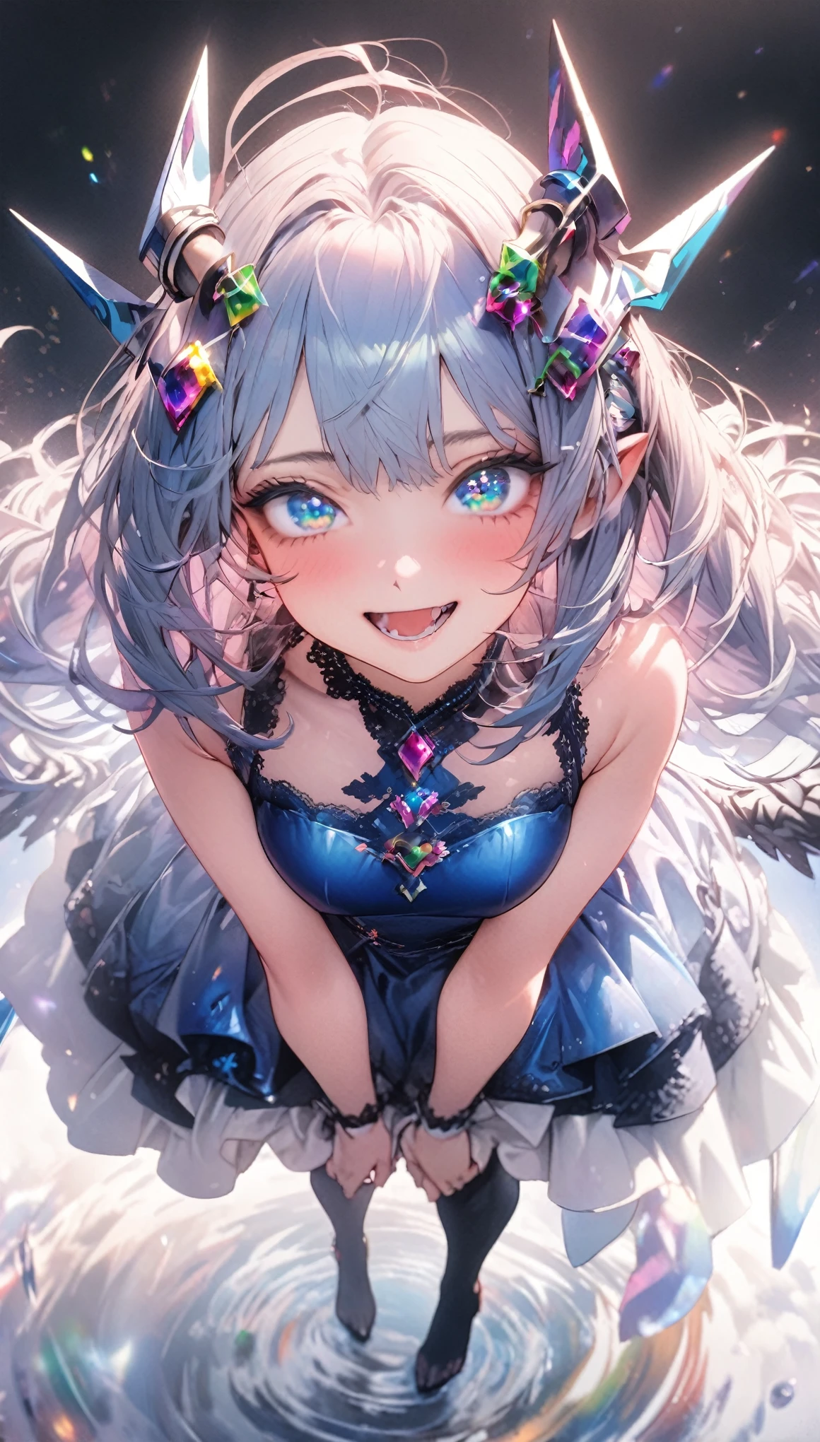 masterpiece, best quality, extremely detailed, high resolution, Japanese anime,1girl,cobalt hair, (medium length hair:1.4), wavy hair, drill hair, (mechanical horn:1.5), mechanical wing, (blue eyes:1.5), (beautiful detailed eyes:1.4), laugh, 130cm tall, original character, fantasy, (black background:1.2), (full body:1.8), beautiful fingers, standing, (black blue lace frill armor dress:1.5), (bejeweled headgear:1.5) , shoot from front, looking at viewer