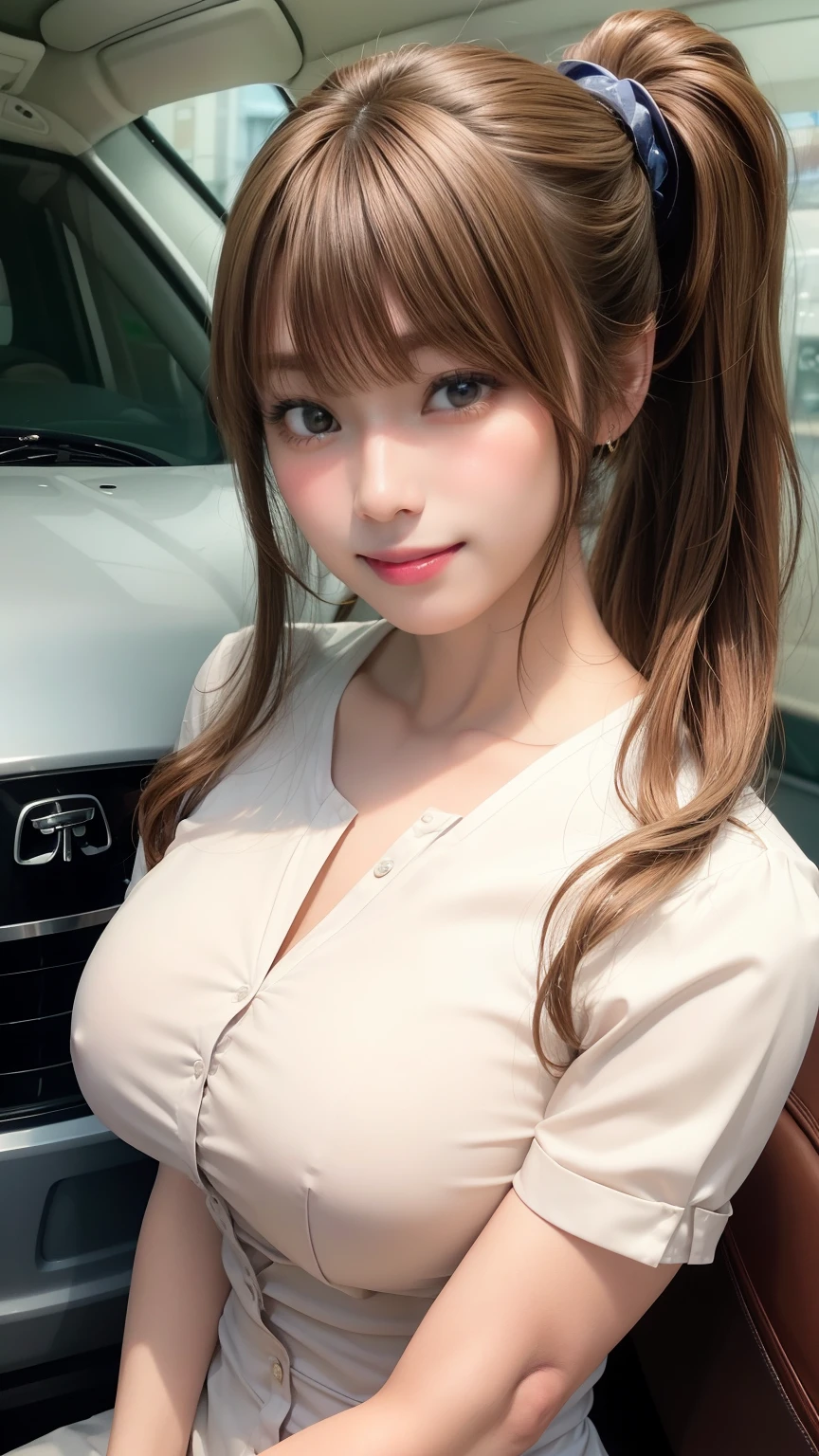 Tabletop、Super cute face、Large Breasts、 Large Breastsの谷間、Good style、Natural Lip、Fair skin、Great light、Beautiful lighting、((Straight hair、ponytail))、Brown Hair、Blunt bangs、Satin、Unbuttoned silk shirt、mini skirt、Gorgeous Accessories、In the car、smile、かわいいsmile