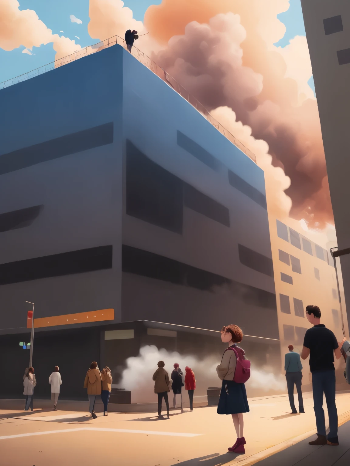 Building,Smoke,People watching