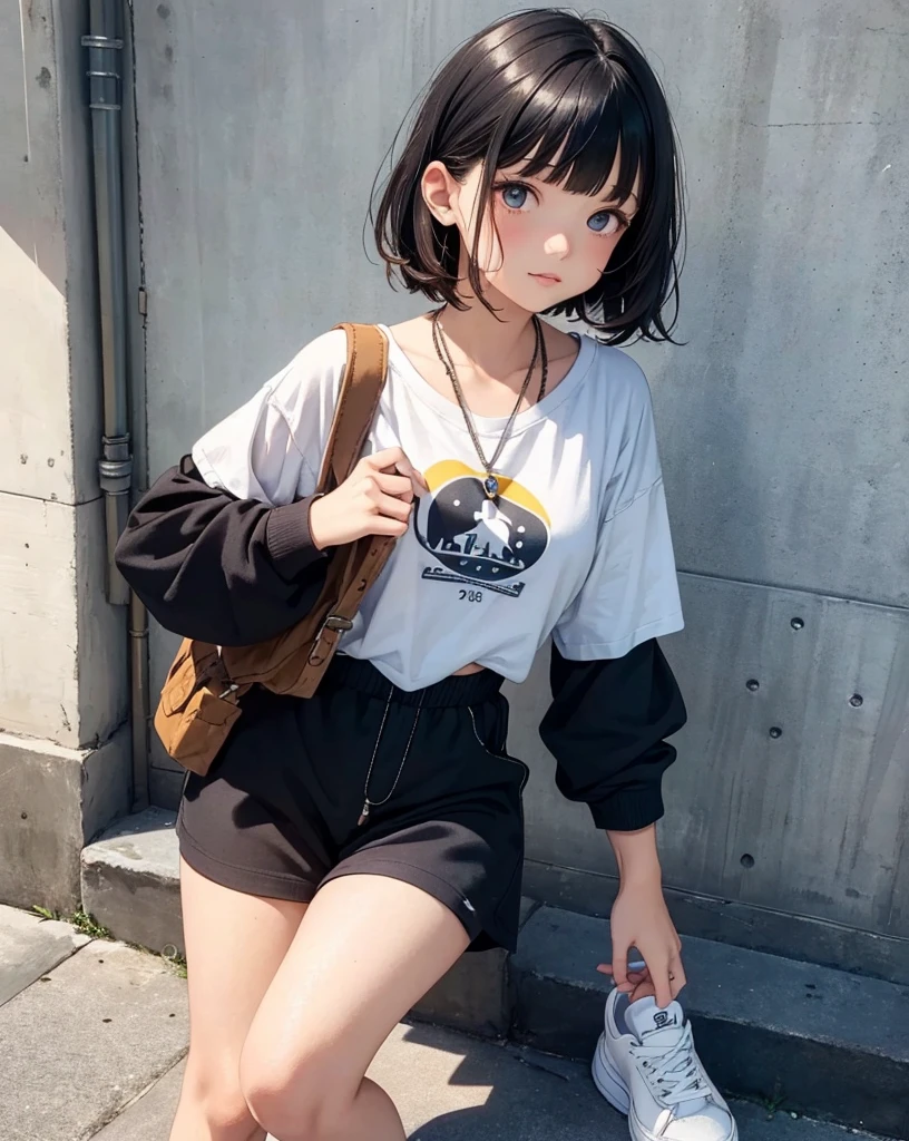 1girl,cute,({Mia},girl,17yo,wavy short-hair,navy hair-color,beautiful detailed face,parallel eyebrows,navy eyes,
eyes with large irises,blunt bangs,small nose,small mouth, fresh lips,small chin,small breasts,small hip,5feet tall),very happy,
BREAK Oversized organic cotton graphic tee, tapered recycled polyester joggers, cork platform sneakers, fair-trade canvas crossbody sustainable horn pendant necklace,downtown of tokyo,