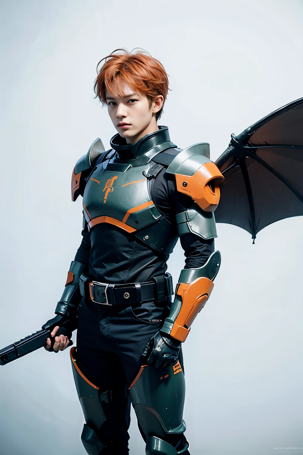 BJ_cute_Mecha,One boy,一人in,Looking_in_Audience,green_eye,Holding,Are standing,full_body,arms,orange_hair,Bat Wings,Little,Holding_arms,Black theme_red_accent_armor,gun,Hello,,Helmet,Holding_gun,force_armor,
Professional lighting,Strong contrast,High level of detail,highest quality,masterpiece,White Background,