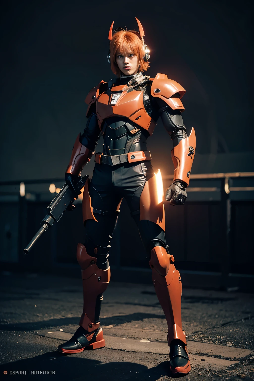 BJ_cute_Mecha,One boy,一人in,Looking_in_Audience,green_eye,Holding,Are standing,full_body,arms,orange_hair,Bat Wings,Little,Holding_arms,Black theme_red_accent_armor,gun,Hello,,Helmet,Holding_gun,force_armor,
Professional lighting,Strong contrast,High level of detail,highest quality,masterpiece,White Background,