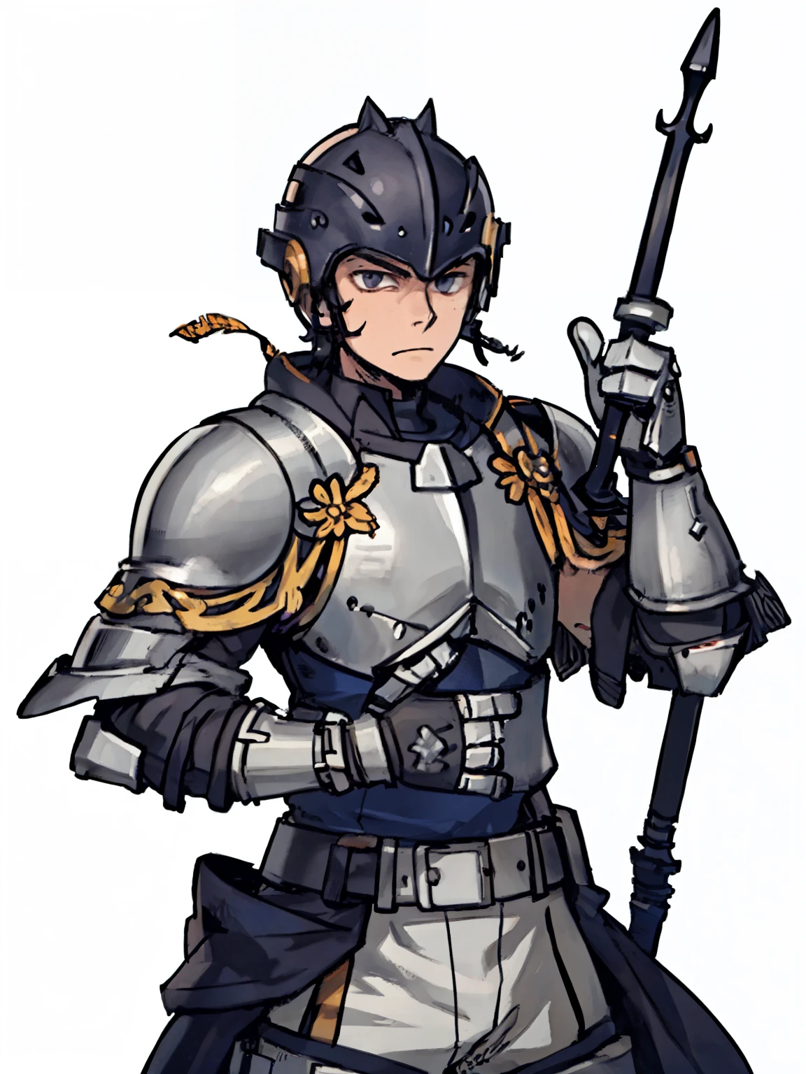 A male warrior,front,(,(Half Body),(Black hair),(Gray armor)),helmet,Carrying a spear,Blue by Capelet,White background