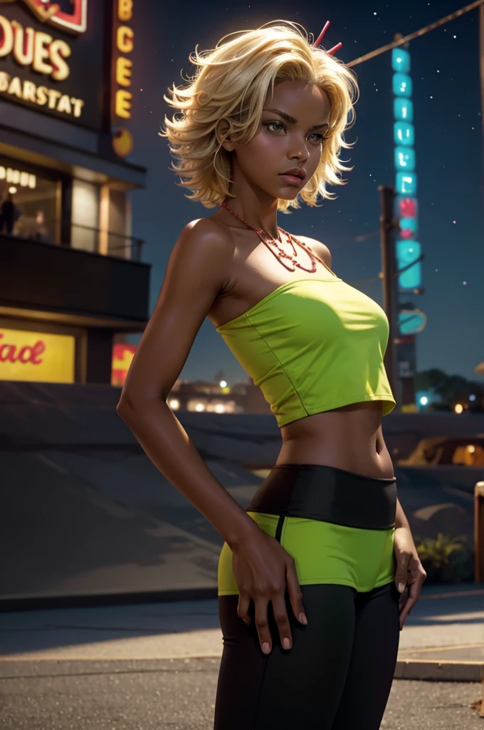arslanaltan, 1girl, blonde hair, short hair, green eyes, dark skin, brown skin, hair ornament, t-shirt, bare shoulders, yoga pants, necklace, (Masterpiece, Best Quality, Highres:1.2), Detailed, Intricate Details, 4K, solo, cowboy shot, high rating, standing, city street, neon signs, crowd, night, stars, closed mouth, serious look, serious expression, looking at viewer,