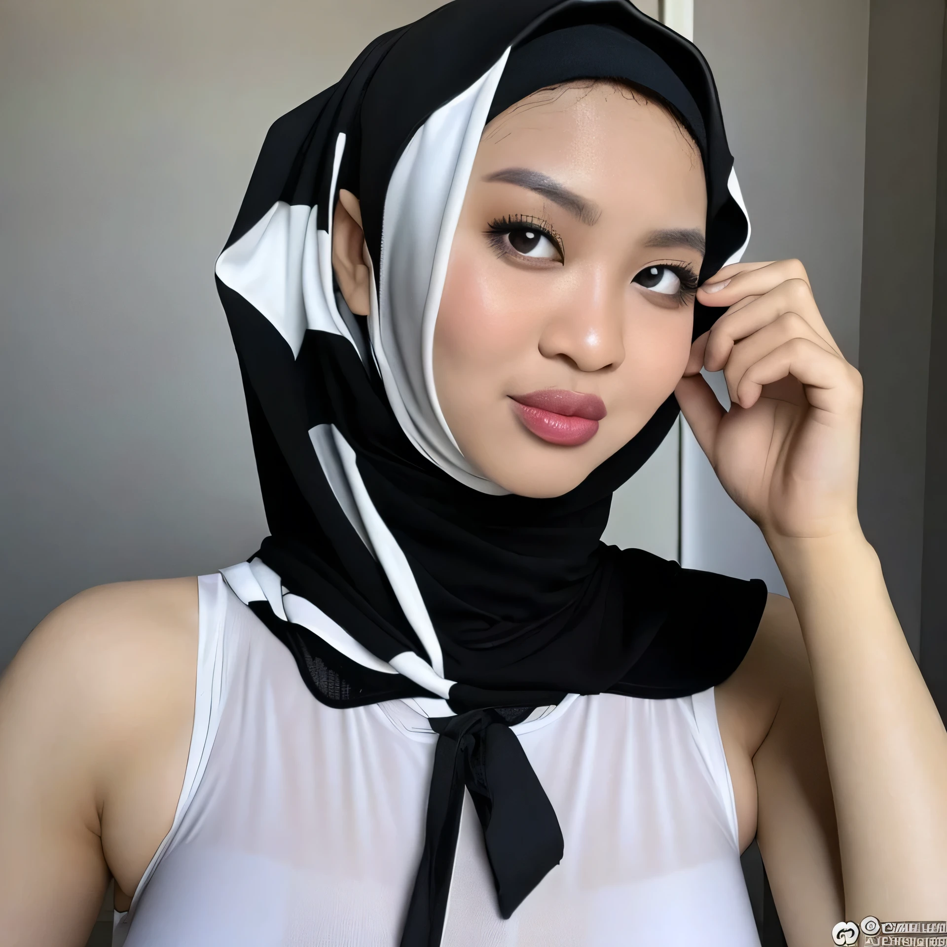 Sexy Malay woman wearing black hijab and white singlet 